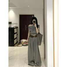 批发盐系高级感<b class='q'>运动服</b>套装女夏季显瘦<b class='q'>时尚</b>斜肩短袖阔腿裤休闲两件套潮