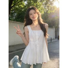 批发纯欲无袖白色吊带背<b class='q'>心上</b>衣女宽松甜美气质设计感小衫2025夏季新款