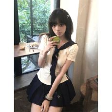 批发夏季jk制服套装女甜辣高级感收腰显瘦短袖披肩上衣<b class='q'>半身裙</b>三件套女