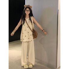 批发韩系蝴蝶结印花背心衬衫女夏季甜美宽松中长款无袖娃娃衫外穿上衣