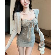 批发纯欲甜辣妹春秋束腰波点蝴蝶结抹胸背心<b class='q'>长袖</b>开衫半身短裙三件套装