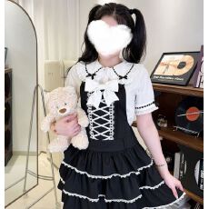 批发<b class='q'>日系</b>软妹蝴蝶结lolita娃娃领短袖衬衣学生宽松显瘦蕾丝边衬衣内搭