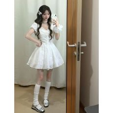 批发原版面料做法有内衬# 法式甜美白色V领连衣裙女夏季泡泡袖小白裙