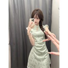 批发新中式连衣裙子女夏季改良国风旗袍气质高级感收腰小飞袖绿色短裙