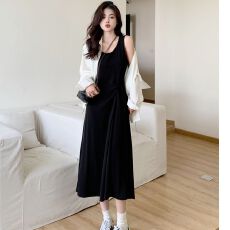 批发大码女装黑色背心连衣裙女胖MM气质显瘦遮肚裙子衬衣外套两件套