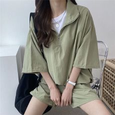 批发韩国chic<b class='q'>百搭</b>立领拉链套头宽松上衣+高腰休闲<b class='q'>运动</b>阔腿短裤两件套