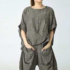 批发夏季大码女装套装女复古文艺条纹宽松短袖<b class='q'>T</b><b class='q'>恤</b>上衣七分女灯笼裤女