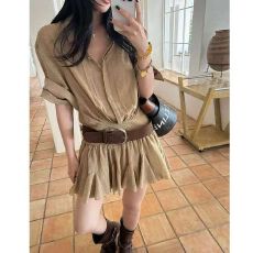 批发女装衬衫连衣裙夏季新款显瘦假两件拼接短袖衬衫<b class='q'>百褶</b>短裙通勤气质