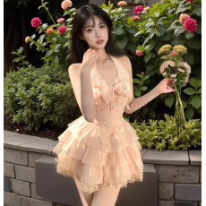 批发2026夏季新款<b class='q'>甜美</b>减龄气质蝴蝶结蓬蓬纯欲风小众设计挂脖连衣裙