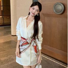 批发缎面polo领长袖<b class='q'>衬衫</b>连衣裙女夏修身气质短裙高级感收腰包臀裙