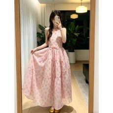 批发雾纱萦梦少女梦幻粉色碎花<b class='q'>欧根纱</b>背心连衣裙度假风无袖大摆长裙夏