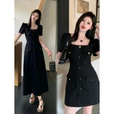 批发<b class='q'>大码</b>女装胖mm法式复古方领收腰牛仔连衣裙女夏气质显瘦遮肉长裙子
