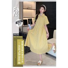 批发黄色格子衬衫<b class='q'>连衣裙</b>女夏2026新款韩系宽松学院风多巴胺中长裙休闲