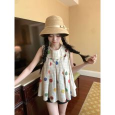 批发日系复古无袖娃娃衫夏季波点格子<b class='q'>衬衫</b>女娃娃领显瘦童趣<b class='q'>衬衫</b>上衣