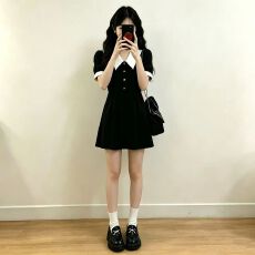 批发气质法式短袖连衣<b class='q'>裙</b>收腰显瘦遮洋气肚娃娃领中长款<b class='q'>裙</b>子女夏装