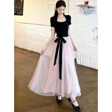 批发大码女装法式气质绑带撞色拼接收腰连衣<b class='q'>裙</b>女网纱<b class='q'>礼服</b>长<b class='q'>裙</b>