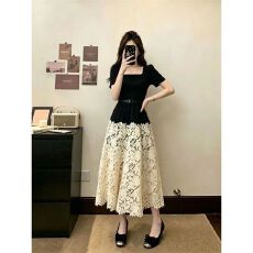 批发<b class='q'>大码</b>女装夏季新款胖MM法式法式方领撞色花边拼接收腰显瘦<b class='q'>连衣裙</b>
