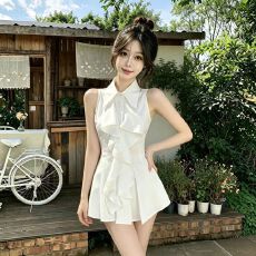 批发荷叶边无袖衬衫上衣女夏法式气质中长款收腰<b class='q'>修身</b>衬衣