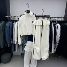 批发原版面料复针织里条纹拼接字母刺绣短外套女松紧腰休闲裤套<b class='q'>装</b>