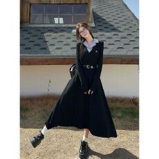 批发美丽气质日常韩版通勤风翻领拼接假两件收腰显瘦连衣长裙女装长裙