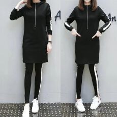 批发春秋女装新款大码胖妹妹运动套装女休闲服连帽遮肚两件套潮