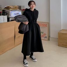 批发2026大码春秋季卫衣裙女长款显瘦显高过膝高腰连帽连衣裙休闲裙