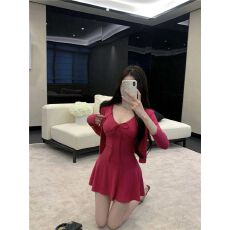 批发260克人棉纯欲风套装纯色开衫女秋季装叠穿收腰吊带<b class='q'>连衣裙</b>两件套