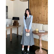 批发大码微胖假两件波点连衣裙女春季新款长袖背心裙胖MM遮肚显瘦裙子