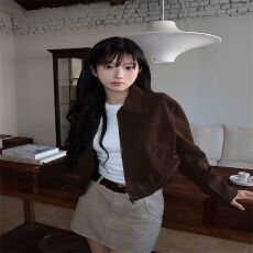 批发<b class='q'>韩国</b>chic春季新款法式复古风翻领口袋宽松百搭短款长袖夹克外套女