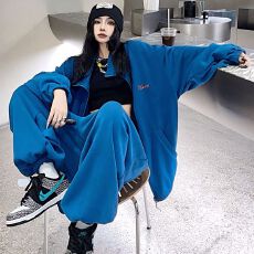 批发<b class='q'>韩版</b>潮流休闲运动套装男女加厚细咪呢绒刺绣宽松束脚裤+外套秋冬