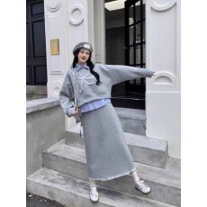 批发仿棉斜纹拉架250克休闲套装女秋季假两件<b class='q'>时尚</b>长袖半身裙两件套