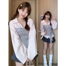 批发套装女2026春夏新款韩系辣妹假两件拼接<b class='q'>长袖</b><b class='q'>衬衫</b>高腰显瘦半身裙