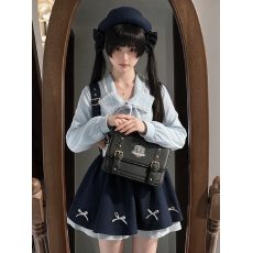 批发学院风JK制服套装甜美可爱蝴蝶结蓝色衬衫上衣女背带连衣裙两件套