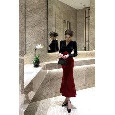 批发2026秋冬季新款交叉丝金丝绒拼接撞色连衣裙晚礼服气质法式连衣裙