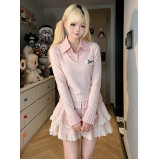 批发纯欲甜辣妹套装学院风收腰假两件衬衫上衣+百褶半裙少女感两件套