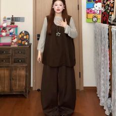 批发大码胖mm韩系打底咖色马甲阔腿裤三件套<b class='q'>春秋</b>休闲显瘦甜酷遮肉爆款
