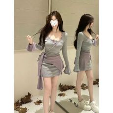 批发纯欲风穿搭套装女2026秋季新款韩系披肩撞色短款<b class='q'>连衣裙</b>显瘦两件套
