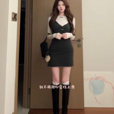 批发法式灰色V领长袖连衣裙女秋季小个子纯欲气质收腰修身包臀短<b class='q'>裙子</b>