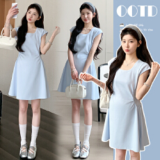 批发实拍 法式孕妇<b class='q'>连衣裙</b>夏季新款休闲收腰显瘦短袖方领纯色宽松长裙