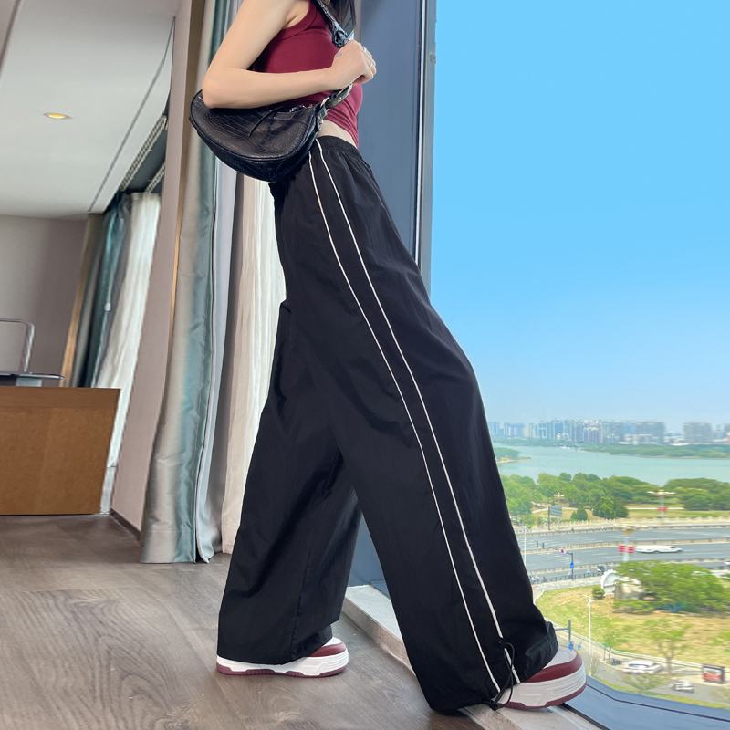실사 재고 상품 속도 건조한 워크웨어 팬츠 여성 여름 얇은 스타일 하이웨이스트 조거 넓은 다리 둘 착용 얼음 실크 캐주얼 운동 바지