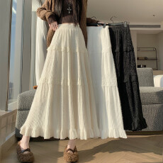 批发实拍 毛绒绒拼接<b class='q'>蕾丝</b>花边蛋糕裙2025冬季新款法式宽松气质a字长裙