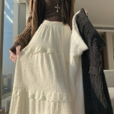 批发实拍 毛绒绒拼接<b class='q'>蕾丝</b>花边蛋糕裙2025冬季新款法式宽松气质a字长裙