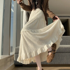 批发实拍 毛绒绒拼接<b class='q'>蕾丝</b>花边蛋糕裙2025冬季新款法式宽松气质a字长裙