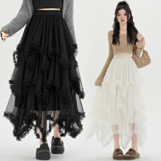 批发实拍 不规则木耳边<b class='q'>网纱</b>半身<b class='q'>长裙</b>2025秋冬韩系超仙拼接蛋糕裙