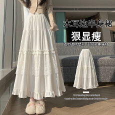 批发实拍 设计感白色蕾丝拼接蛋糕裙春夏温柔风高腰宽松垂感A字<b class='q'>长裙</b>