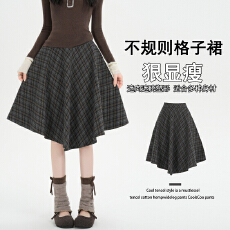 批发实拍 不规则复古格子大摆<b class='q'>半身</b>裙女秋冬高腰显瘦百搭<b class='q'>中裙</b>洋气A字裙