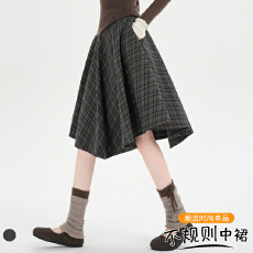 批发实拍 不规则复古格子大摆<b class='q'>半身</b>裙女秋冬高腰显瘦百搭<b class='q'>中裙</b>洋气A字裙
