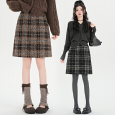 批发实拍 氛围感冬季高腰复古格纹圈圈呢<b class='q'>半身</b>裙时尚百搭显瘦A字<b class='q'>中裙</b>
