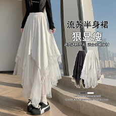 批发实拍 春季新款不规则网纱拼接流苏<b class='q'>半身</b>裙女设计感显瘦半裙a字裙