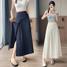 批发实拍 不规则天丝<b class='q'>棉麻</b>半身<b class='q'>裙</b>女夏季开叉设计感高腰长<b class='q'>裙</b>子